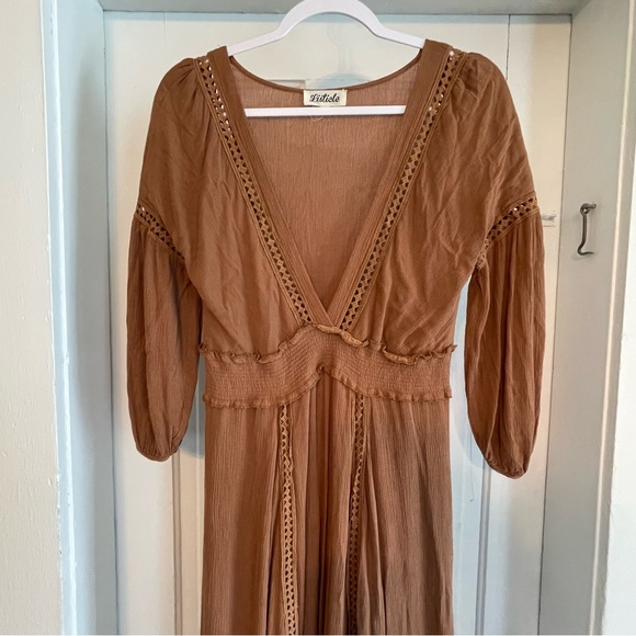Listicle Brown Maxi Dress Women’s Small 3/4 Sleeve Brown Boho Festival Lined - Picture 2 of 7